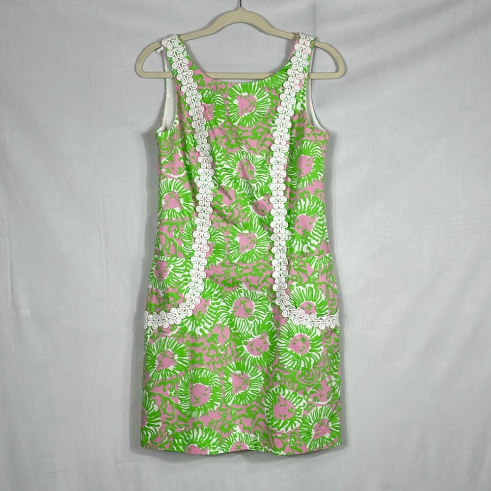Lilly Pulitzer Shift Dress Size 4 Sunnyside Lions Print Pink And Green